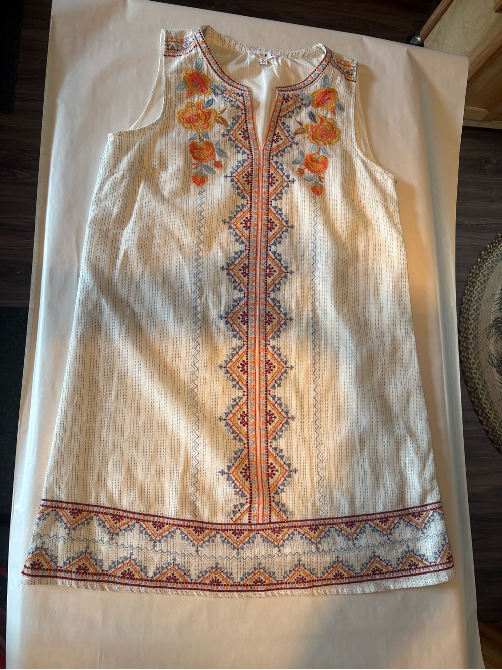 Embroidered Sleeveless Cream Shift Dress with Orange Floral Detail